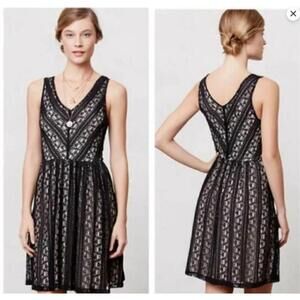 Anthropologie Moulinette Soeurs Black Nude Lace Overlay Mini Dress Pockets XS